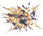 armor armored_boots blonde_hair blue_eyes boots breasts explosion full_body gauntlets granblue_fantasy holding holding_weapon horns large_breasts long_hair minaba_hideo official_art open_mouth pauldrons pleated_skirt pointy_ears rastina skirt solo thighhighs transparent_background very_long_hair weapon 