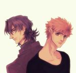  2boys black_eyes coat emiya_shirou fate/stay_night fate_(series) kotomine_kirei long_hair multiple_boys orange_eyes purple_hair red_hair short_hair 