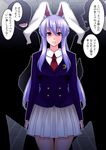  animal_ears blazer bunny_ears check_translation commentary_request cowboy_shot crescent dress_shirt expressionless highres indoors jacket lavender_hair long_hair looking_at_viewer necktie red_eyes red_neckwear reisen_udongein_inaba shirt silhouette skirt solo_focus standing the_reisen touhou translated translation_request warugaki_(sk-ii) white_skirt 