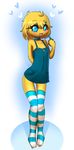  2017 anthro blonde_hair blue_eyes blush butt clothing collar cute dress elpatrixf eyelashes female flat_chested fur hair joltik legwear looking_at_viewer nintendo pockets pok&eacute;mon simple_background smile solo stockings video_games yellow_fur young zipper 