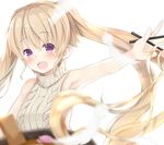  :d ao_no_kanata_no_four_rhythm aran_sweater arisaka_mashiro armpits backless_outfit bangs blonde_hair blurry blush bowl breasts chopsticks commentary_request depth_of_field eyebrows_visible_through_hair feathers floating_hair hair_between_eyes halterneck holding holding_chopsticks left-handed long_hair looking_at_viewer medium_breasts meme_attire naked_sweater noa_(letizia) open_mouth purple_eyes ribbed_sweater simple_background smile solo sweater turtleneck turtleneck_sweater twintails udon virgin_killer_sweater white_background 