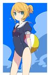  aqua_eyes arms_behind_back ball bare_legs beachball blonde_hair blue_sky breasts buttons cloud day dripping kagamine_rin looking_at_viewer necktie one-piece_swimsuit sailor_collar sailor_one-piece_swimsuit short_necktie sidelocks sky small_breasts solo swimsuit updo vocaloid water_drop wet wet_clothes yoshiki 