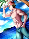  1boy abs hat male_focus muscle ocean outdoors pecs pokemon pokemon_(game) pokemon_sm red_(pokemon) red_(pokemon)_(sm) sky tagme tofu_(coolboyz18) topless 