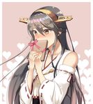  black_hair blush brown_eyes collarbone covering_mouth detached_sleeves eko gift hair_between_eyes hair_ornament hairclip haruna_(kantai_collection) headgear heart heart_background holding holding_gift kantai_collection long_hair looking_to_the_side nontraditional_miko pink_background remodel_(kantai_collection) ribbon-trimmed_sleeves ribbon_trim shiny shiny_hair solo valentine wide_sleeves 
