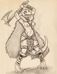  2016 armor axe battle_axe breasts caribou_(artist) cloak clothing female kobold melee_weapon solo unconvincing_armor warrior weapon 