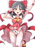  :d arm_garter arms_up ascot ass_visible_through_thighs bangs black_hair blush bow bow_panties breasts collarbone commentary_request cookie_(touhou) enperuto_(yarumi) eyebrows_visible_through_hair hair_between_eyes hair_bow hair_tubes hakurei_reimu highres long_hair looking_at_viewer mary_janes medium_breasts navel open_mouth panties red_bow red_footwear red_skirt ribbon-trimmed_skirt ribbon_trim sananana shoe_bow shoes sidelocks simple_background skirt sleeveless smile solo taut_clothes thigh_gap thighhighs touhou underwear v_over_eye white_background white_legwear white_panties yellow_bow yellow_eyes 