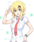  :d akatsuki_kirika blonde_hair bracelet green_eyes hair_between_eyes hair_ornament jewelry looking_at_viewer lydian_academy_uniform necktie open_mouth school_uniform senki_zesshou_symphogear short_hair smile solo star touyama_sabu twitter_username v x_hair_ornament 