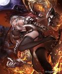  ass black_bow black_dress black_legwear bow breasts dress fire flame garter_straps gauntlets granblue_fantasy hair_between_eyes hat hat_bow high_heels highres huge_breasts leaning_forward long_hair magisa_(granblue_fantasy) moon morax_(granblue_fantasy) outdoors shingeki_no_bahamut side_slit silver_hair smile solo standing standing_on_one_leg thighhighs tsunekun witch_hat 