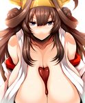  bare_shoulders between_breasts breasts brown_hair chocolate cleavage collarbone commentary_request detached_sleeves double_bun eyebrows_visible_through_hair hairband headgear huge_breasts japanese_clothes kantai_collection kongou_(kantai_collection) long_hair looking_at_viewer nontraditional_miko purple_eyes solo tsukasawa_takamatsu upper_body valentine 