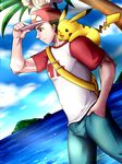  1boy hat male_focus muscle ocean outdoors pokemon pokemon_(game) pokemon_sm red_(pokemon) red_(pokemon)_(sm) sky tagme tofu_(coolboyz18) 