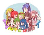  6+girls bare_shoulders blonde_hair blue_eyes blue_hair brown_eyes brown_hair chika_(vocaloid) choker closed_eyes company_connection crossed_arms cul eel_hat goggles goggles_on_head green_hair gumi headphones hug kamui_gakupo kokone_(vocaloid) lily_(vocaloid) long_hair mi_no_take multiple_boys multiple_girls necktie otomachi_una pink_hair ponytail purple_hair red_hair ryuuto_(vocaloid) short_hair short_ponytail short_sleeves smile striped striped_neckwear twitter_username v vocaloid wavy_hair 