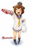  apollo_chocolate bag blush brown_hair closed_eyes commentary_request dress food foreshortening fruit full_body gift headgear headset holding holding_bag holding_gift kantai_collection long_sleeves neckerchief open_mouth outstretched_arm sailor_dress shoes shopping_bag short_hair solo speaking_tube_headset strawberry strawberry_chocolate teeth translation_request twitter_username watanore white_background yukikaze_(kantai_collection) 