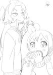  2girls :t arizuka_konomi eating female food monochrome multiple_girls open_mouth original satsuyo side_ponytail takaradai_sameko twintails 