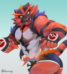  abs anthro bakemonoy barazoku body_hair bulge butt chest_hair claws clothed clothing fangs felid feline fur gloves green_eyes hi_res incineroar looking_at_viewer male mammal manly mostly_nude muscular nintendo open_mouth pecs pointing pok&eacute;mon pok&eacute;mon_(species) pubes sharp_claws sharp_teeth smile solo teeth tongue underwear video_games 