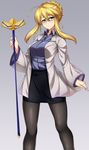  adapted_object ahoge alternate_costume artoria_pendragon_(all) artoria_pendragon_(lancer) bespectacled black_legwear blonde_hair blouse braid breasts commentary_request excalibur fate/grand_order fate_(series) french_braid glasses green_eyes highres holding kuragari legs long_sleeves looking_at_viewer medium_breasts pantyhose solo standing 