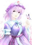  arm_garter breasts bug butterfly cherry_blossoms cowboy_shot floral_background frilled_sleeves frills hand_up hat insect japanese_clothes kimono kz_nagomiya lavender_hair long_sleeves looking_at_viewer medium_breasts mob_cap obi open_mouth petals purple_eyes ribbon saigyouji_yuyuko sash short_hair solo touhou triangular_headpiece 