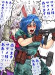  ammunition_belt ammunition_pouch animal_ears arms_up blue_hair blush bunny_ears closed_eyes commentary_request cowboy_shot dress eargasm eighth_note eyelashes eyeshadow feathered_wings finger_on_trigger from_side gloves gun hammer headset holding holding_gun holding_weapon hood hood_down hooded_dress jacket kishin_sagume lavender_hair long_hair long_sleeves looking_at_another makeup multiple_girls musical_note open_mouth outstretched_arms pouch purple_dress purple_eyes ryuuichi_(f_dragon) seiran_(touhou) short_sleeves shouting simple_background smile spoken_blush spoken_musical_note spoken_sweat standing sweat tattoo thighhighs touhou translated weapon white_background wing_collar wings 