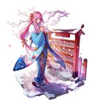  blue_kimono blush dare_ga_tame_no_alchemist flower full_body furisode hair_flower hair_ornament holding japanese_clothes kimono long_hair long_sleeves looking_at_viewer low-tied_long_hair official_art pink_eyes pink_hair sandals snow solo standing suzuka_(dare_ga_tame_no_alchemist) tabi wide_sleeves 