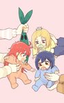  baby bangs_pinned_back blonde_hair blue_eyes blue_hair brown_eyes bunny commentary_request flip_flappers hair_bobbles hair_ornament holding_by_the_ears holding_ears keiya kokomine_cocona long_hair multiple_girls open_mouth orange_hair pacifier papika_(flip_flappers) purple_eyes short_hair smile sweat uexkull yayaka younger 