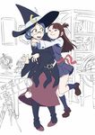  arai_hiroki blue_hair bookshelf boots brown_hair globe gyroscope hat highres hug hug_from_behind kagari_atsuko knee_boots little_witch_academia low_ponytail luna_nova_school_uniform multiple_girls partially_colored ponytail school_uniform smile telescope ursula_charistes witch_hat 