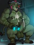  2017 3_toes abs anthro balls beard biceps black_horn bovine cattle chair clothed clothing controller cum cum_on_chest cum_on_face cum_on_penis cum_on_self digital_media_(artwork) ear_piercing earpiece erection eyebrows facial_hair facial_piercing front_view fur game_controller green_balls green_fur green_nipples green_nose green_penis green_tail hair holding_controller holding_object holding_penis horn humanoid_penis male mammal marlon.cores muscular muscular_male nipples nose_piercing nose_ring office_chair one_eye_closed open_mouth partially_clothed pecs penis piercing pink_eyes pink_hair raised_shirt septum_piercing shirt signature sitting solo sweat tail_tuft toes tuft 