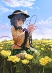  bug butterfly day field flower flower_field hair_between_eyes hat highres insect komeiji_koishi long_sleeves skirt sky solo third_eye touhou treeware wide_sleeves 