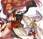  baiken box_(hotpppink) breasts cherry_blossoms cleavage clenched_teeth eyepatch facial_tattoo guilty_gear guilty_gear_xrd japanese_clothes large_breasts long_hair looking_at_viewer petals ponytail red_eyes red_hair scar scar_across_eye solo sword tattoo teeth torn_clothes torn_sleeves weapon wide_sleeves 