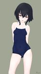  :o arms_behind_back ass_visible_through_thighs bangs bare_arms bare_legs bare_shoulders biophile_ac black_hair blue_swimsuit breasts brown_eyes collarbone competition_school_swimsuit contrapposto covered_navel green_background hair_between_eyes half-closed_eyes highres i-13_(kantai_collection) kantai_collection looking_away looking_down one-piece_swimsuit open_mouth school_swimsuit short_hair signature simple_background small_breasts solo standing swimsuit teeth tongue 