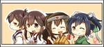  :d ^_^ ^o^ akagi_(kantai_collection) artist_name blue_eyes blue_hair brown_eyes brown_hair chibi closed_eyes green_kimono headband highres hiryuu_(kantai_collection) japanese_clothes kaga_(kantai_collection) kantai_collection kimono long_hair multiple_girls one_eye_closed one_side_up open_mouth remodel_(kantai_collection) short_hair side_ponytail smile souryuu_(kantai_collection) taisa_(kari) tasuki twintails yellow_kimono 