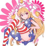  alternate_legwear american_flag_dress american_flag_legwear blonde_hair breasts clownpiece dress full_body hat ichizen_(o_tori) impossible_clothes jester_cap long_hair looking_at_viewer medium_breasts neck_ruff pink_eyes polka_dot short_dress short_sleeves sketch smile solo star star_print striped striped_legwear thighhighs touhou very_long_hair 