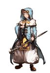  alpha_transparency brown_eyes brown_hair cloak full_body gran_(granblue_fantasy) granblue_fantasy hood hooded_cloak male_focus minaba_hideo official_art open_mouth priest_(granblue_fantasy) puffy_pants solo staff transparent_background 