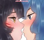  2girls ahri animated animated_gif black_hair blue_eyes blue_hair blush close-up face half-closed_eyes league_of_legends lick licking_lips multiple_girls patreon saliva saliva_trail simple_background sona_buvelle tongue whisker_markings white_background yellow_eyes yuri 