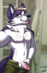  2017 absurd_res anthro areola armpits balls canine clothing dean_(drako1997) dog drako1997 erection eyewear fur glasses hi_res holding_penis legwear looking_at_viewer male mammal muscular navel nipples nude penis precum smile solo standing tonge_out tongue white_fur 