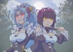  2girls :&gt; alternate_costume bare_shoulders black_hair blue_hair breasts cleavage cosplay detached_sleeves enmaided glowing glowing_eyes hair_between_eyes hand_fan hand_on_hip highres long_hair looking_at_viewer maid maid_headdress medium_breasts mio_(tsuki_ga_michibiku_isekai_douchuu) multiple_girls paper_fan ram_(re:zero) ram_(re:zero)_(cosplay) re:zero_kara_hajimeru_isekai_seikatsu red_eyes rem_(re:zero) rem_(re:zero)_(cosplay) short_hair smile tomoe_(tsuki_ga_michibiku_isekai_douchuu) tsuki_ga_michibiku_isekai_douchuu ueyama_michirou upper_body wide_sleeves yellow_eyes 