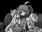  black_background coatifan couch dress drooling girl_sandwich greyscale hand_on_another's_face highres looking_at_viewer magical_girl mahou_shoujo_ikusei_keikaku mahou_shoujo_ikusei_keikaku_limited monochrome multiple_girls pukin saliva sandwiched simple_background sitting smile sonia_bean wedin yuri 
