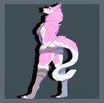  2017 anthro blush breasts butt claws clothed clothing female funnymouth fur grey_background hair hand_on_hip kristoph_wulphenstein legwear long_hair looking_at_viewer looking_back pink_fur pink_hair sergal side_boob simple_background smile solo toe_claws virgin_killer_sweater white_fur 