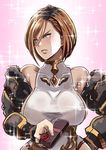  apollonia_vaar armor bangs bare_shoulders black_armor blue_eyes bob_cut box breasts brown_hair butcha-u chocolate commentary_request detached_sleeves embarrassed flower gift gift_box giving gradient gradient_background granblue_fantasy hair_between_eyes halterneck hand_on_hip large_breasts leotard lips looking_away pink_background red_flower red_rose revision rose short_hair sideboob signature solo sparkle swept_bangs taut_clothes tsundere turtleneck valentine 