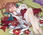  absurdres ahoge bare_legs barefoot blush brown_hair camellia convenient_leg floral_print flower hair_between_eyes hair_intakes highres huge_ahoge japanese_clothes kantai_collection kimono ko_yu kuma_(kantai_collection) legs long_hair looking_at_viewer lying obi off_shoulder on_back on_floor one_eye_closed open_mouth red_eyes sash solo tatami toes untied_obi 
