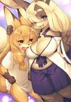  animal_ears big_belly blonde_hair blush breasts bright_pupils cleavage commentary_request eyebrows fang fat furry furugitsune hair_over_shoulder hand_on_another's_head huge_breasts kishibe long_hair looking_at_viewer multiple_girls no_pants open_mouth original purple_eyes red_eyes shirt_lift short_sleeves sweatdrop thick_eyebrows 