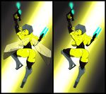  armor arthropod bee boots breasts butt clothing female footwear helmet insect looking_at_viewer multiple_versions saesar shiny side_boob solo weapon wings yellow_skin 