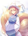  animal_ears blonde_hair dress fox_ears fox_tail frilled_hat frills hands_in_opposite_sleeves hands_together hat liya long_sleeves mob_cap multiple_tails ofuda pillow_hat short_hair solo tabard tail touhou white_dress wide_sleeves yakumo_ran yellow_eyes 