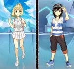  1girl bag baseball_cap black_eyes black_hair blonde_hair blue_sky blush braid closed_mouth cloud cloudy_sky commentary_request day floor full_body green_eyes hand_in_pocket hat hat_tip holding holding_poke_ball legs lillie_(pokemon) looking_at_viewer numazume poke_ball pokemon pokemon_(game) pokemon_battle pokemon_sm ponytail reflection school_uniform serafuku shirt short_sleeves shorts skirt sky smile split_screen standing striped striped_shirt throne you_(pokemon) z-ring 