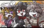  /\/\/\ 3girls :d ? \n/ ^_^ ascot black_hair black_hat blonde_hair blush_stickers bow bowtie closed_eyes d: dress elbowing fujiwara_no_mokou grey_hair hair_between_eyes hair_bow hat hat_bow juliet_sleeves letterboxed line_shading long_sleeves maribel_hearn mob_cap multiple_girls open_mouth pink_neckwear puffy_sleeves purple_dress purple_eyes red_bow red_eyes red_neckwear shirt smile spoken_question_mark suenari_(peace) surprised suspenders touhou usami_renko v-shaped_eyebrows white_hat white_shirt white_skin 