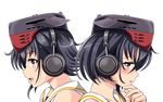  asymmetrical_hair back-to-back black_hair brown_eyes hair_between_eyes hand_on_own_chin hat headphones i-13_(kantai_collection) i-14_(kantai_collection) kantai_collection multiple_girls open_mouth sailor_collar short_hair tk8d32 transparent_background upper_body 