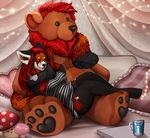  5_fingers anthro black_nose clothed clothing female hair lying mammal red_hair red_panda robyn_paperdoll smile solo 
