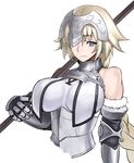  bangs bare_shoulders blonde_hair blue_eyes blush braid breasts chain closed_mouth commentary_request elbow_gloves fate/apocrypha fate_(series) faulds gauntlets gloves headpiece jeanne_d'arc_(fate) jeanne_d'arc_(fate)_(all) jonylaser large_breasts long_hair one_eye_covered single_braid smile solo 