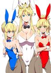  ahoge animal_ears artoria_pendragon_(all) artoria_pendragon_(lancer) blonde_hair blush braid breast_envy breasts bunny_ears bunnysuit clearite cleavage crossed_arms crown cuffs dual_persona fate/apocrypha fate/grand_order fate/stay_night fate_(series) green_eyes hair_between_eyes hair_bun large_breasts long_hair mordred_(fate) mordred_(fate)_(all) mother_and_daughter multiple_girls navel pantyhose pony ponytail saber sidelocks simple_background white_background 