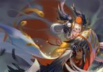  bell black_wings blurry closed_mouth dated depth_of_field eyelashes eyeliner fan feathered_wings feathers folding_fan hair_ornament hair_rings hair_stick half-closed_eyes head_wings highres jingle_bell lian_yao long_hair looking_at_viewer makeup motion_blur onmyoji red_lips red_sun sash short_eyebrows silver_hair slit_pupils solo striped tassel ubume_(onmyoji) upper_body vertical_stripes very_long_hair wide_sleeves winged_arms wings yellow_eyes 