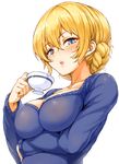  blonde_hair blue_eyes blue_sweater blush braid breast_hold breasts cup darjeeling from_below girls_und_panzer highres impossible_clothes kyokucho large_breasts lips looking_at_viewer naked_sweater parted_lips school_uniform short_hair solo sweater teacup tied_hair twin_braids upper_body v-neck 