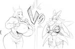  anthro big_breasts breasts cleavage clothed clothing dawmino duo female fight fish greyscale huge_breasts lurantis marine monochrome nintendo nipple_bulge pok&eacute;mon pok&eacute;morph shark signature skimpy smile tribal video_games 